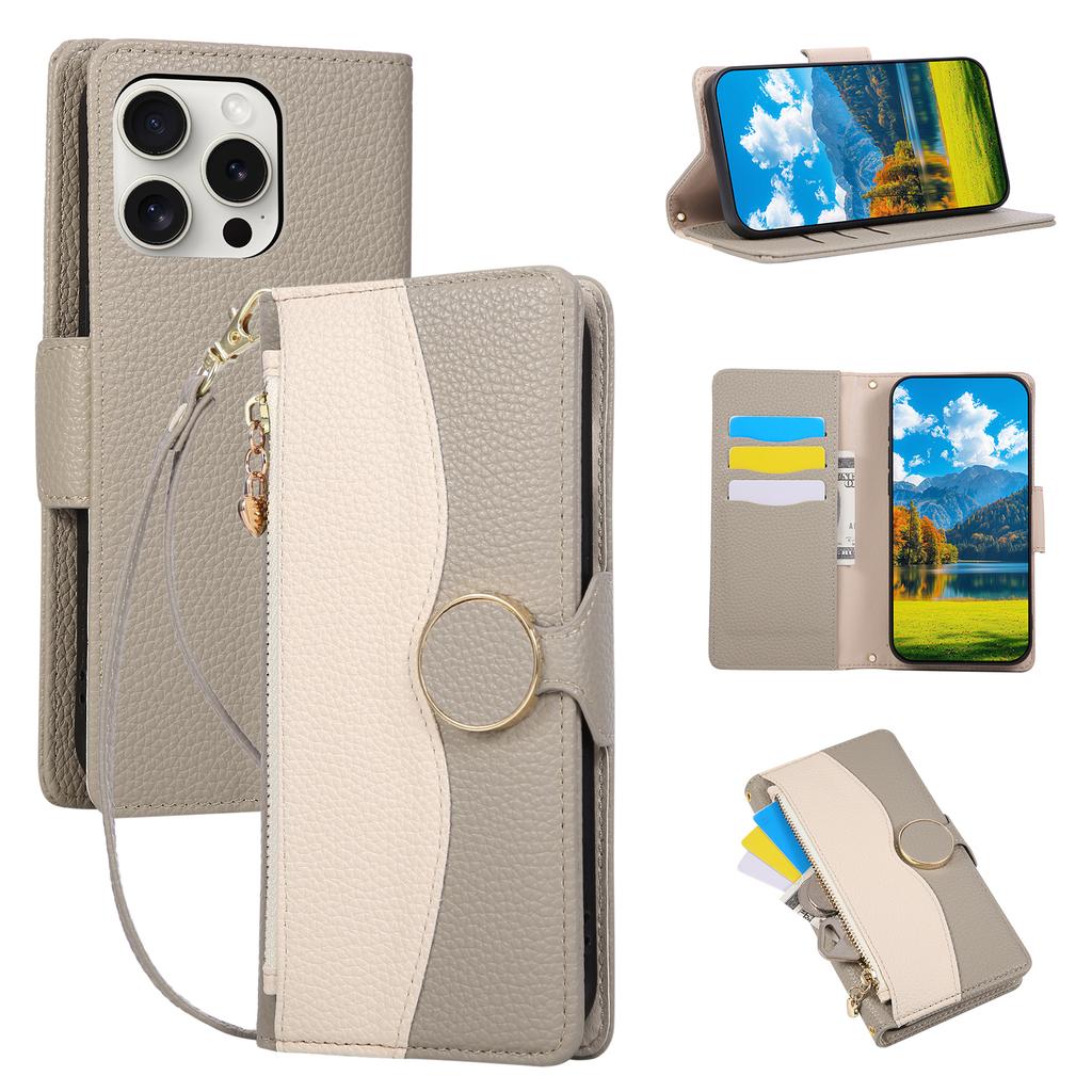 For iPhone 15 Pro Max Case Zipper Wallet Color Splicing TPU PU Leather Flip Phone Cover with Strap