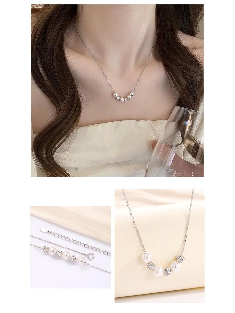 S925 Sterling Silver Manta Rose Purple Pearl Necklace with Diamond Ball Pendant - Women's Elegant French Light Luxury Clavicle Chain.