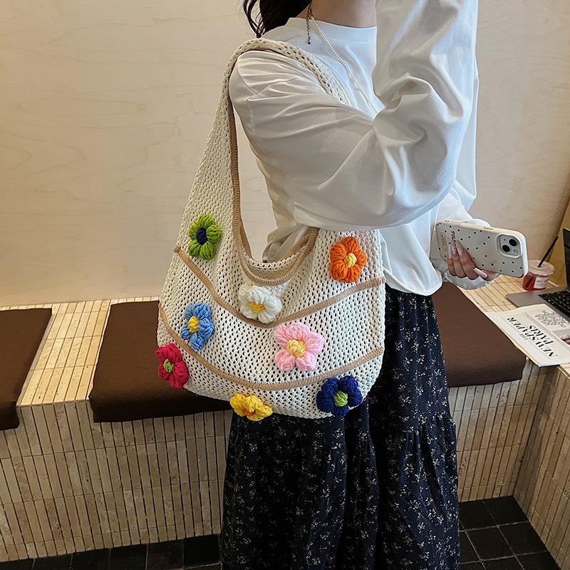 

Сумка подмышку женская новая цветочная модная вязаная сумка для通勤, нишевый дизайн, повседневная полая на плечо, сумка-тоут хаки