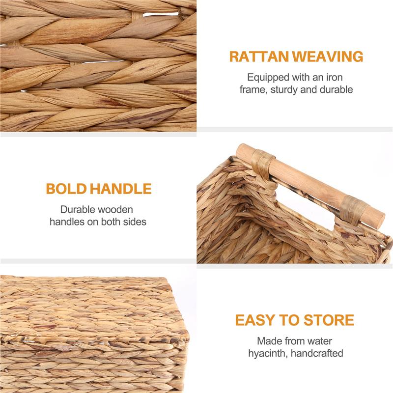 ABWR-Wicker Basket Rectangular With Wooden Handles For Shelves,Water Hyacinth Basket Storage,Natural Baskets