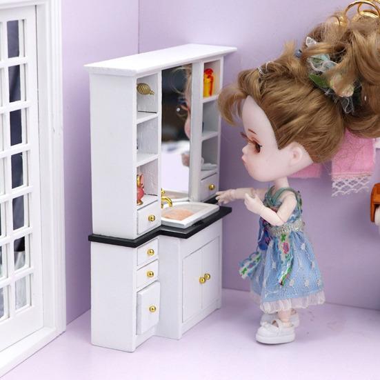 Mini Bathroom Cabinet 1:12 Miniature Bathroom Furniture Cabinet Model with Sink Drawers Doll Accessories for Kids Pretend Play