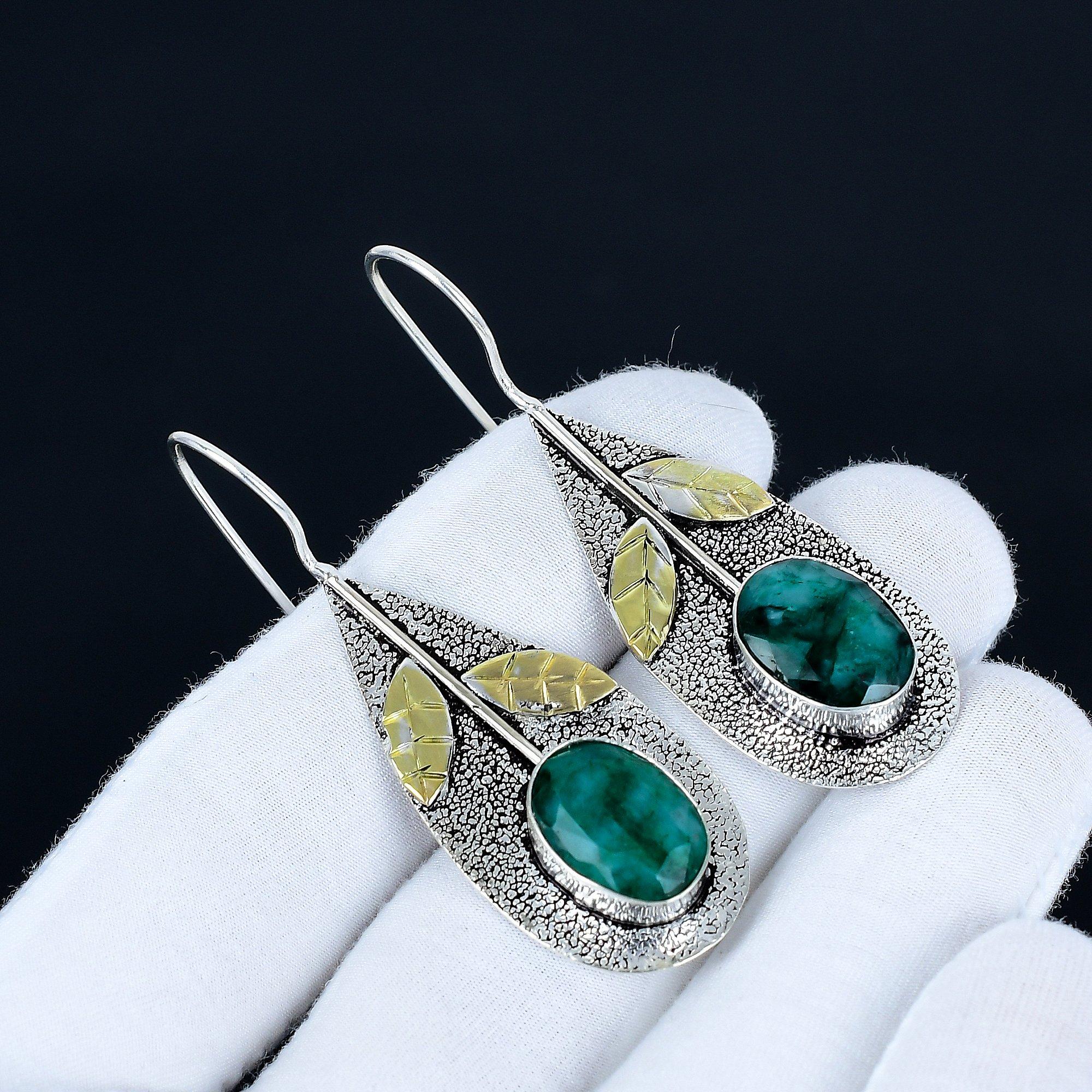 

Emerald Gemstone Earrings, 925 Sterling Silver Earrings, Handmade Silver Earrings For Gift, Emerald Dangle Earrings Party Wear Gift 6 Cm зелёный
