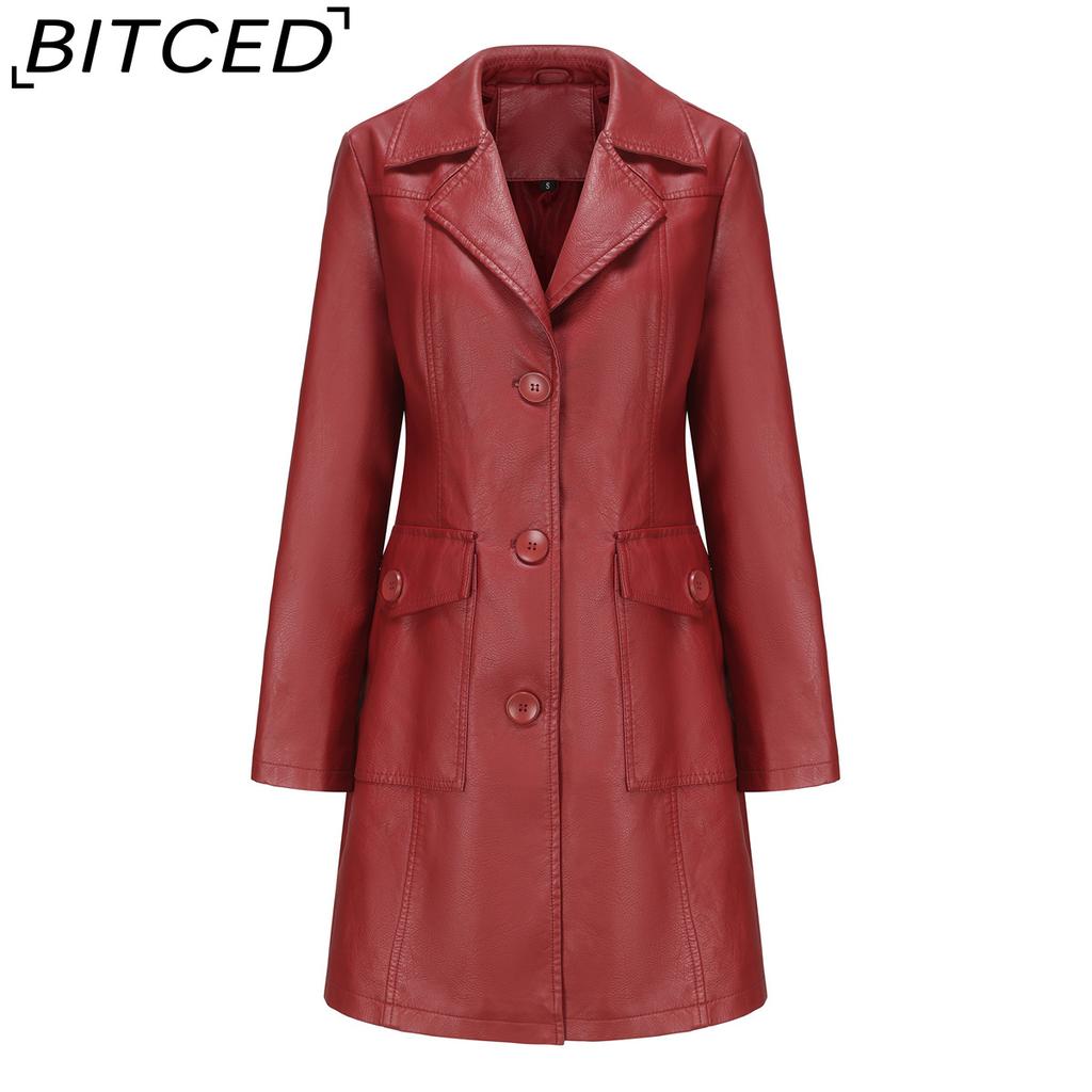 BITCED Long-Length Leather Coat Spring/Autumn Long-Sleeved Leather Trench Coat Stylish British-Style Outerwear Polo Neck Single-Breasted