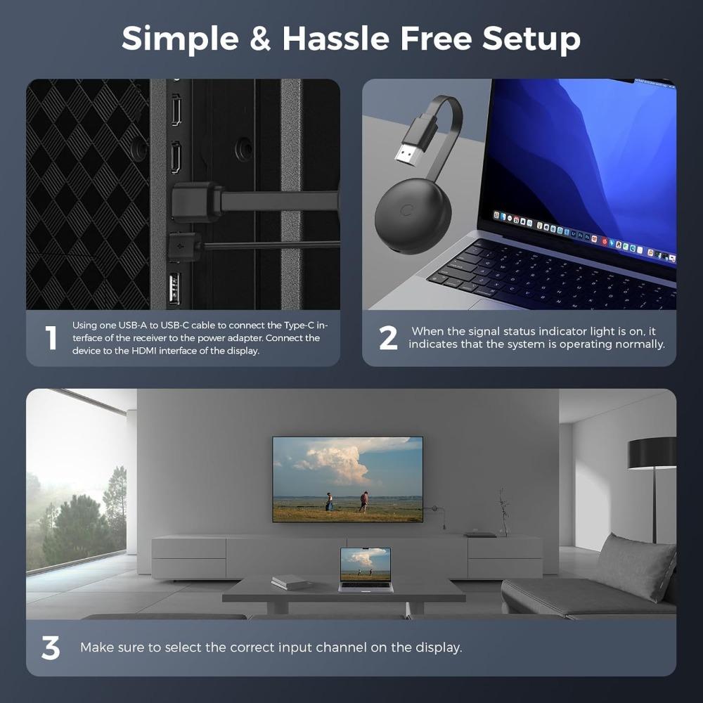 Wireless HDMI Display Adapter, Wireless Screen Mirroring Extender, for iOS, Android, Laptops and PCs