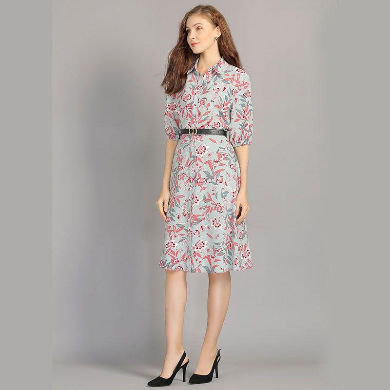 

European and American plus Size Women s Clothes Half Sleeve Classy Exquisite Shirt Chiffon A- line Dress 2024 Spring and Summer New Arrival Color S