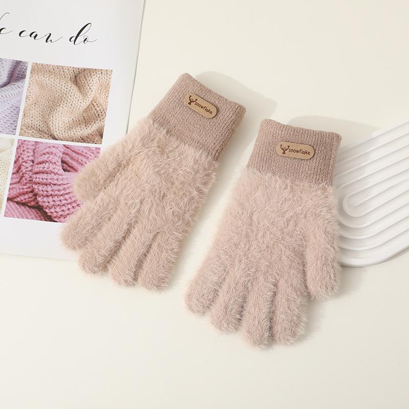 Hairy gloves female winter cute color matching plush knitted wool five fingers plush thickened cycling warm