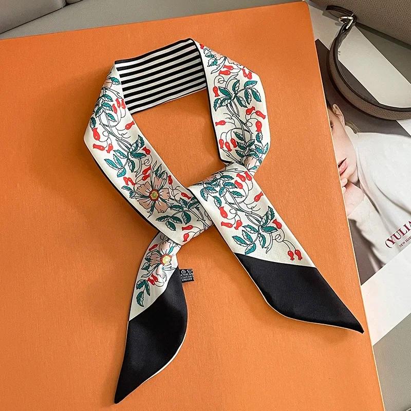 Silk Scarf Women Luxury Chain Print Bag Skinny Scarves Wraps Wrist Towel Foulards Neckerchief Headband Muslim Hijabs