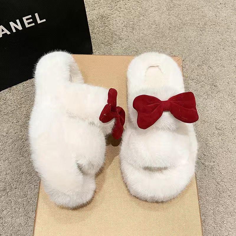 Fairy Wind Bow Hair Slippers Female Wear Superior Sense 2025 New Autumn and Winter Student Dormitory Office Cotton Flops