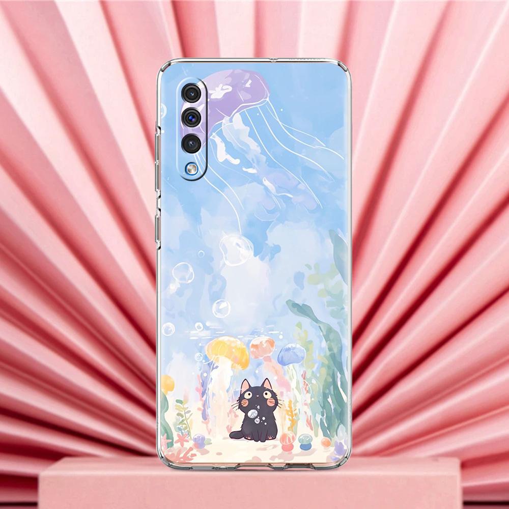Phone Case For Samsung A56 A36 A26 A24 A16 A14 A12 A32 A50 A70 A20E A22 A40 A34 A54 A42 A52 5G A04s A06 Cover Cat Fishing