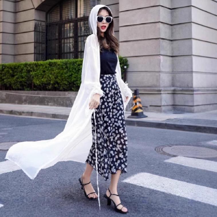 Hooded Beach Print Chiffon Cardigan for Women – Flowy, Breathable, Sun Protection Cape