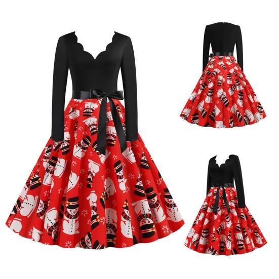 Costume Party Dress Long Sleeve Large Hem Slim Waist Tied Patchwork Dress for Christmas