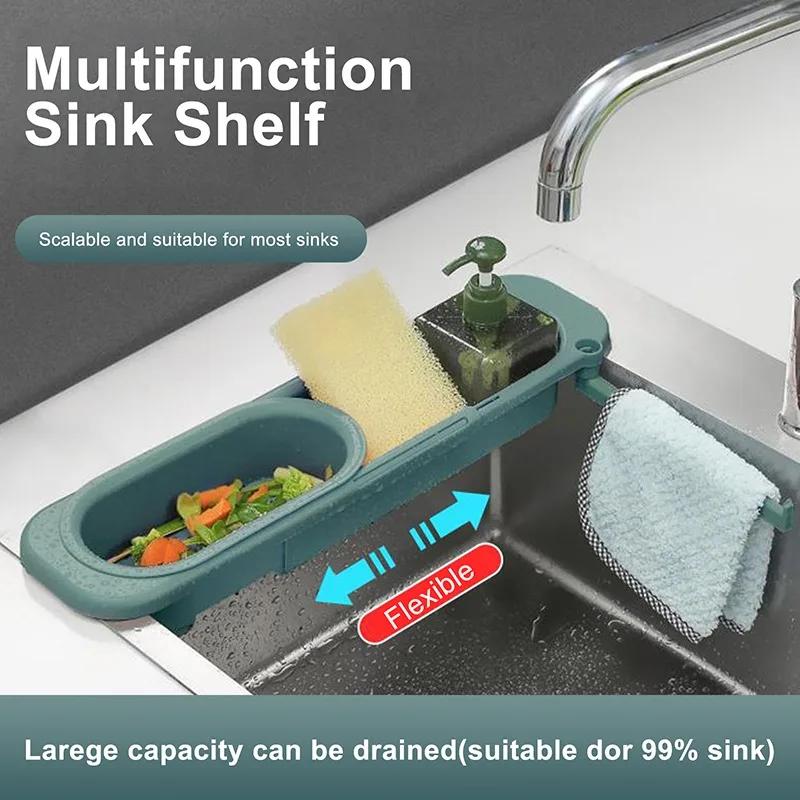 Kitchen Telescopic Sink Rack Organizer Drainer Rack Storage Basket Bag Faucet Holder AdjustableBathroom Holder Sink Kitchen Tool