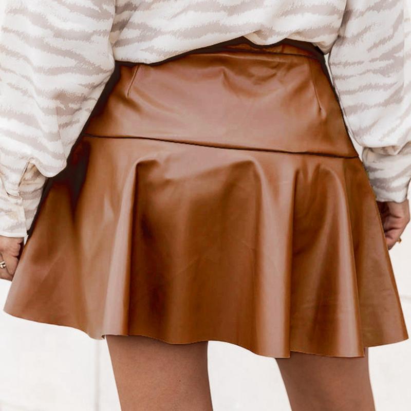 Women High Waist Ruffled PU Leather Skirt