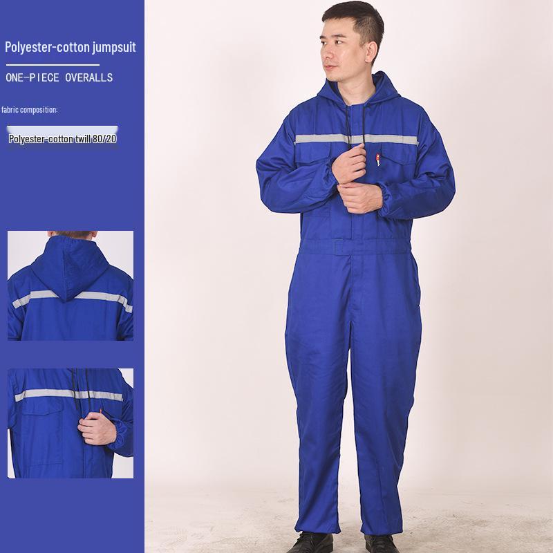 Men's Reflective Polyester-Cotton Jumpsuit with Hood - Breathable, Wear-Resistant, Ideal for Spring & Autumn Repair Work.