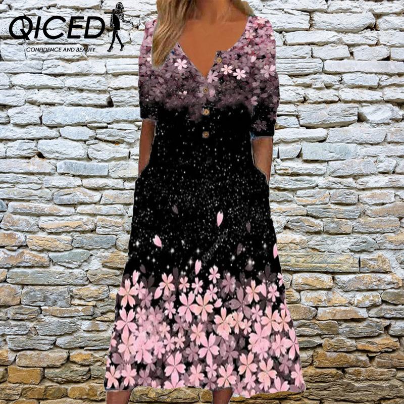 QICED Elegant Women Dresses V Neck Short Sleeve Button Party Dress Female Summer Vintage Print Dress Casual Loose Floral Ladies Dresses