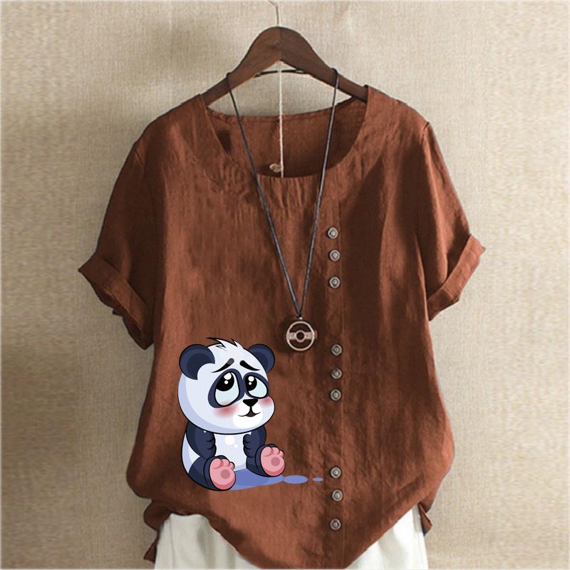 Women's Fashion Summer Round Neck Short Panda Prined Sleeve T-shirt Casual Cotton Linen Graphic Shirt Leisure Loose Blouse Tops Plus Size