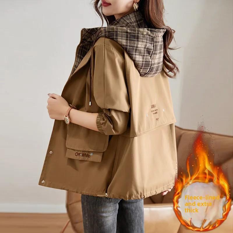 Women's Windbreaker Jackets Plaid Fake Two-piece Splicing Loose Casual Hooded Tooling Jacket Trend Coats