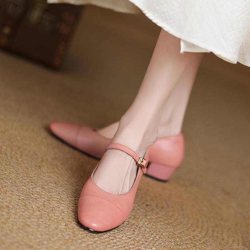 Krazing Pot Cow Skin Spring Summer Size 41 Thick Med Heels Women Round Toe Metal Buckle Straps Shallow Pink Color Pumps