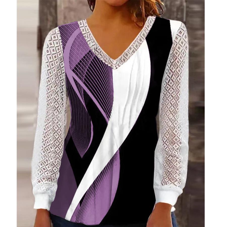 Herbst Winter Frauen Bluse V-ausschnitt Lose Druck Hohl Spitze Patchwork Hemd Damen Top