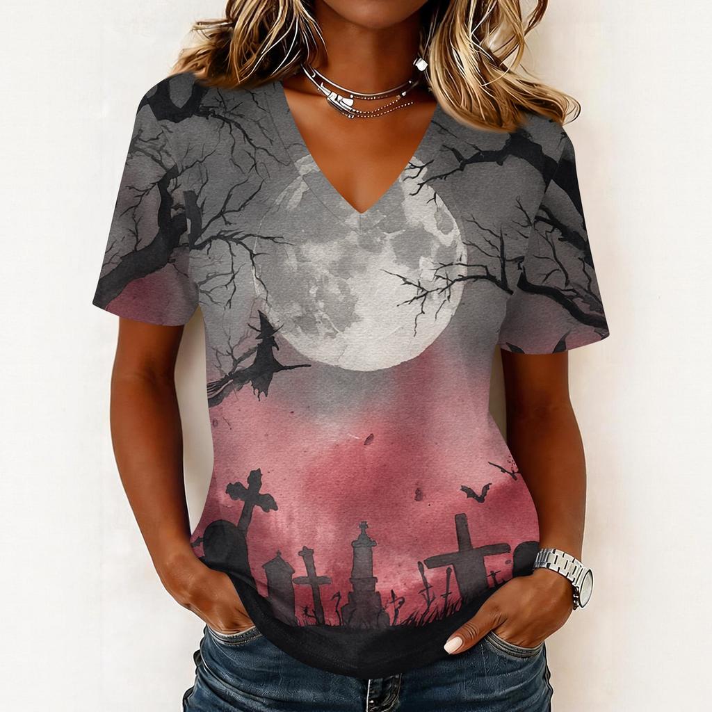 Women's Casual V Neck Pullover Top Halloween Pumpkin Print Short Sleeve Shirt Lightweight Comfortable Fit