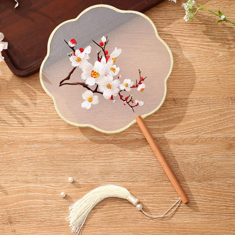 Handheld Silk Fan with Tassels Pendant Tuan Fan Chinese Style Embroidery Fan  Photography Prop