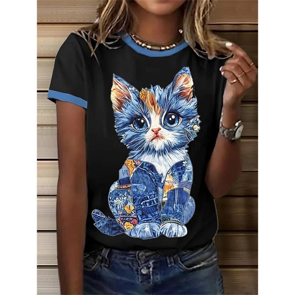Colorful Cat With Glasses Women's Tee - Funky Art Graphic, Casual Daily Wear