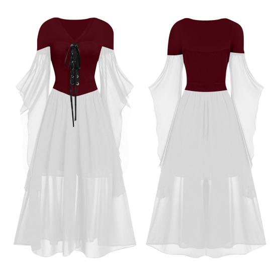 Women Cosplay Dress Gothic Style Witch Halloween Party Costume Lace-up Strap V Neck