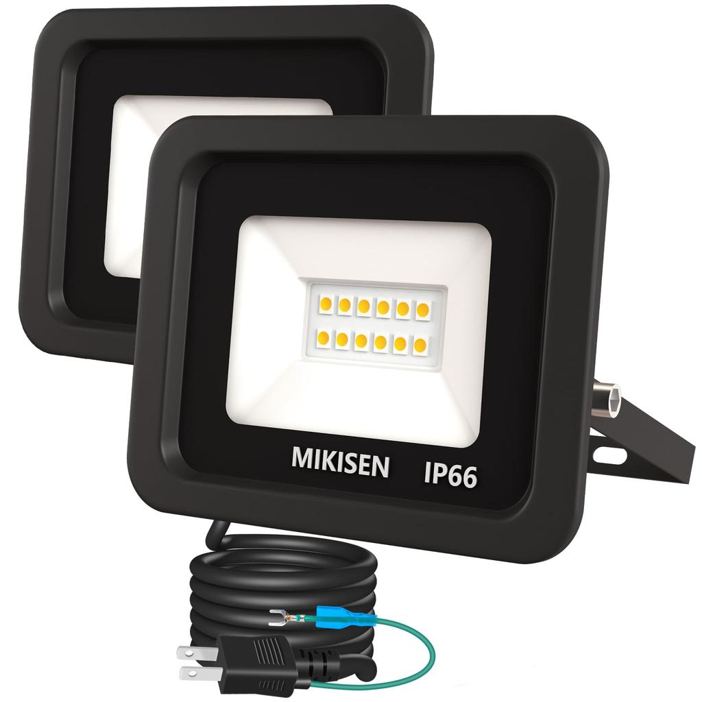 MIKISEN LED Floodlight, Work Light, Sign Light, 10W, Warm White, 1200LM, 3000K, Equivalent to 100W, 1.8mm Cord, IP66 Waterproof, 2-Pin Plug with