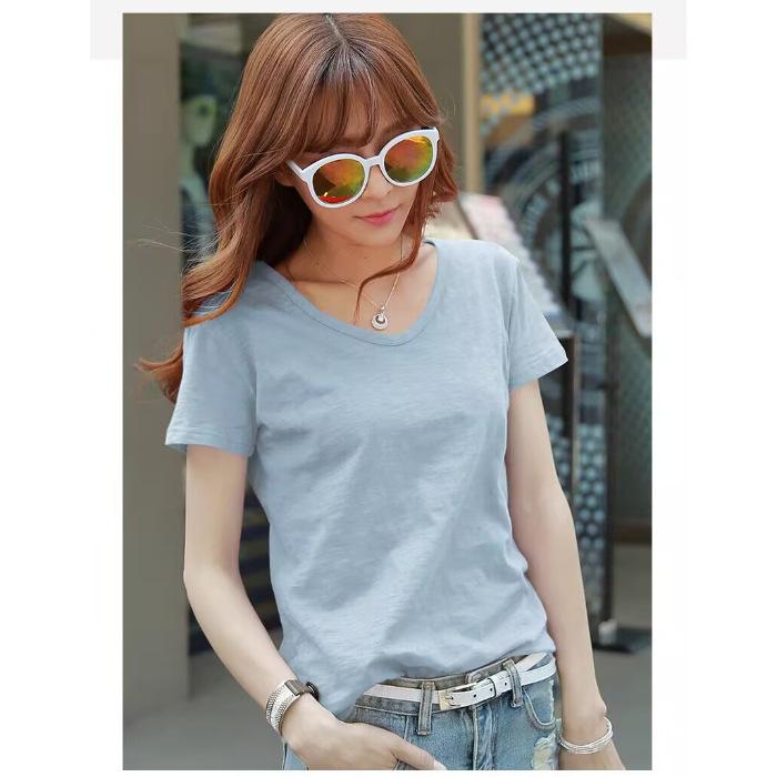 

Bamboo cotton t-shirt women s short sleeves summer 2025 new loose front shoulder lotus root pink top solid color body shirt 4XL світло-синій колір