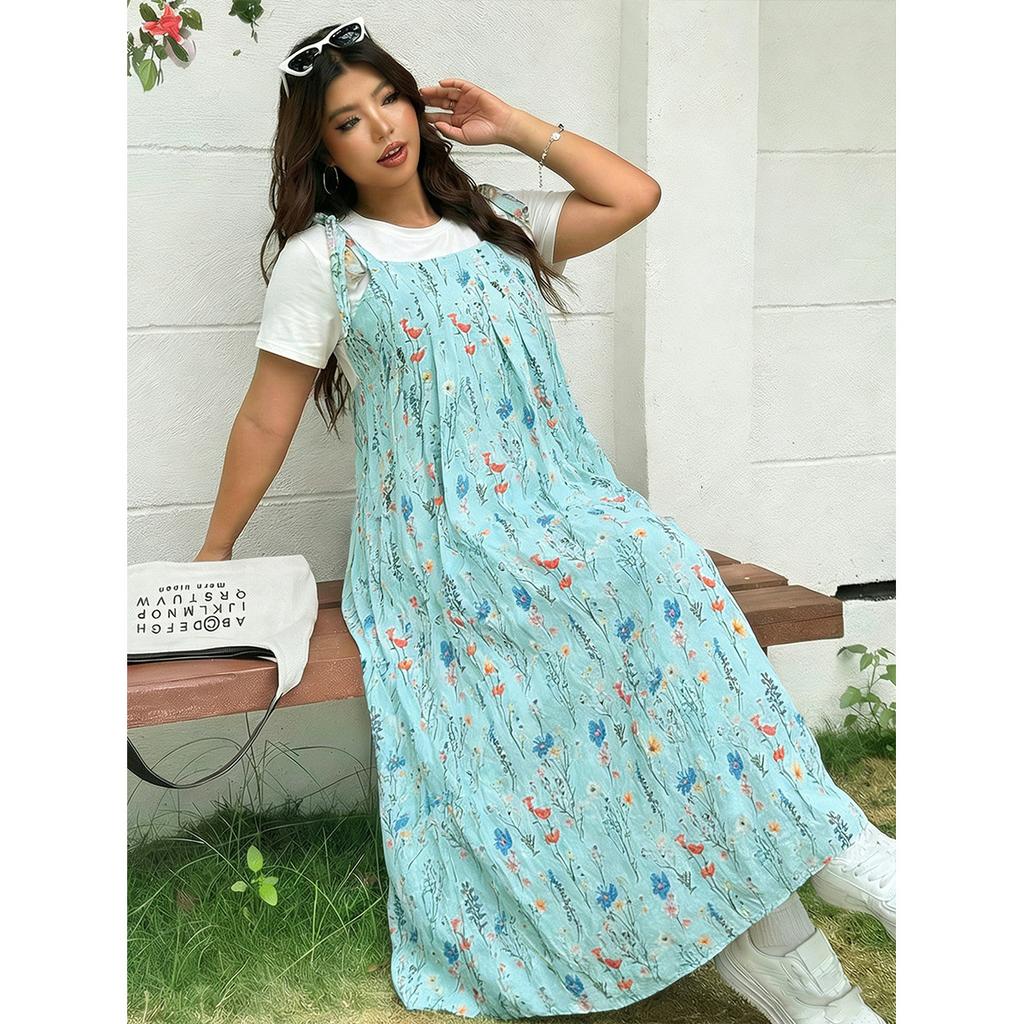 Floral Print Overall Dress Loose Plus Size Sleeveless Long Dress Layered Versatile Vacation Printed Dress Elegant Fashion Comfortable Dress