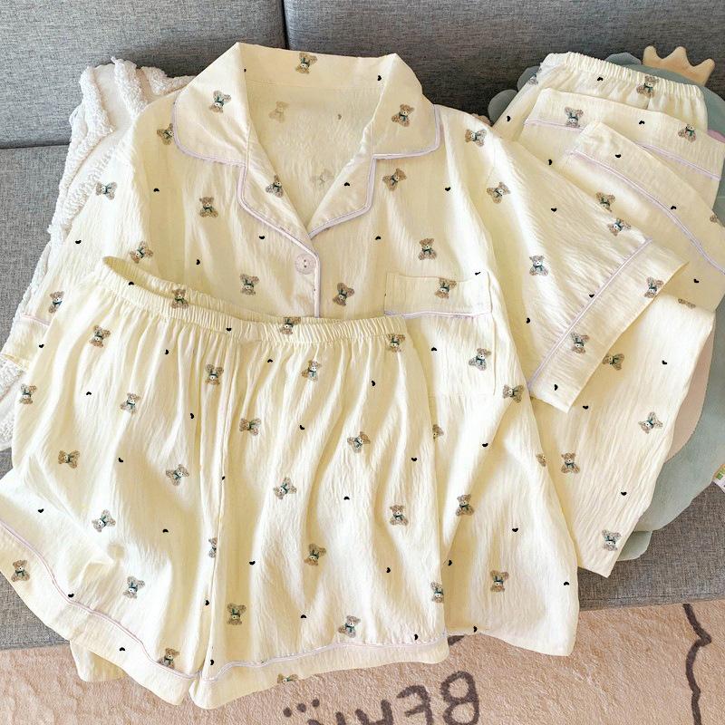 Set Pigiama Coreano Orsetto Stropicciato: Completo estivo a tre pezzi a maniche corte per donna