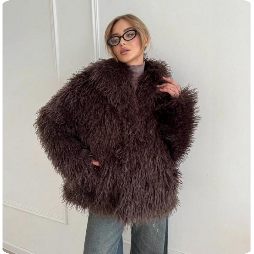 

Хутряне пальто зі штучного хутра з великим лацканом, коротке, модне, з хутра лисиці, пухнасте плюшеве жіноче L кавовий