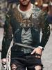 Samurai Cat Warrior Print Long Sleeve T-shirt, Stylish Casual Men's Top