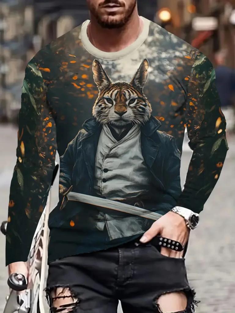 Samurai Cat Warrior Print Long Sleeve T-shirt, Stylish Casual Men's Top