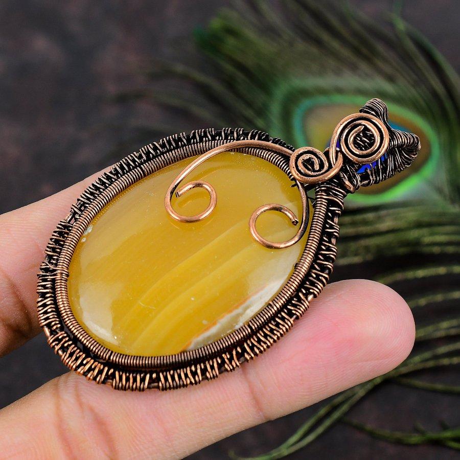 Yellow Fluorite Gemstone Copper Wire Wrap Jewelry Pendant 2.76