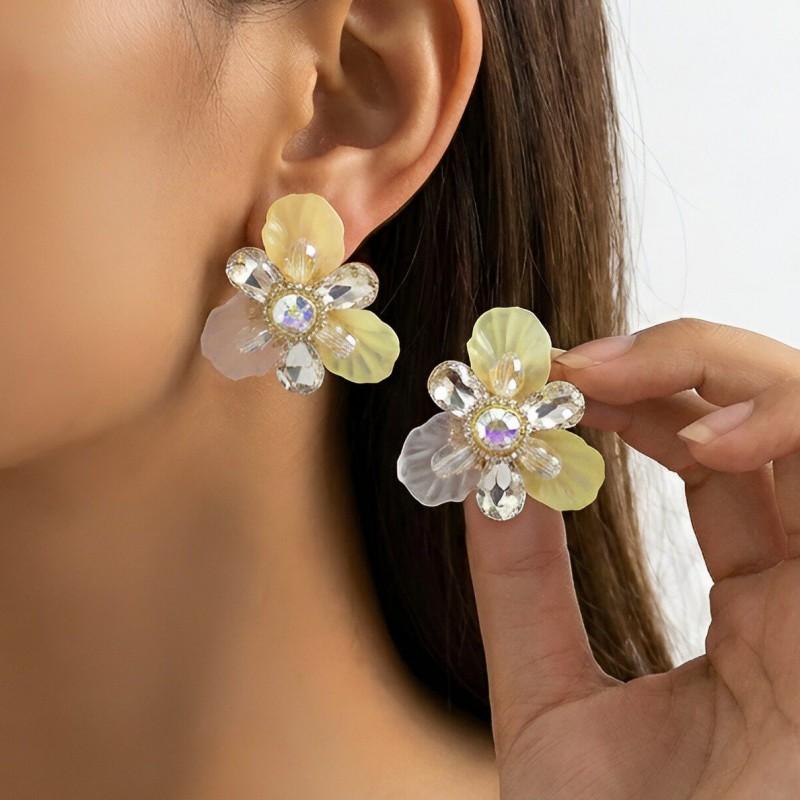 2026 Floral Earrings Women Handwoven Multi-Layer Petal Design With Full Rhinestone Accents Sterling Post