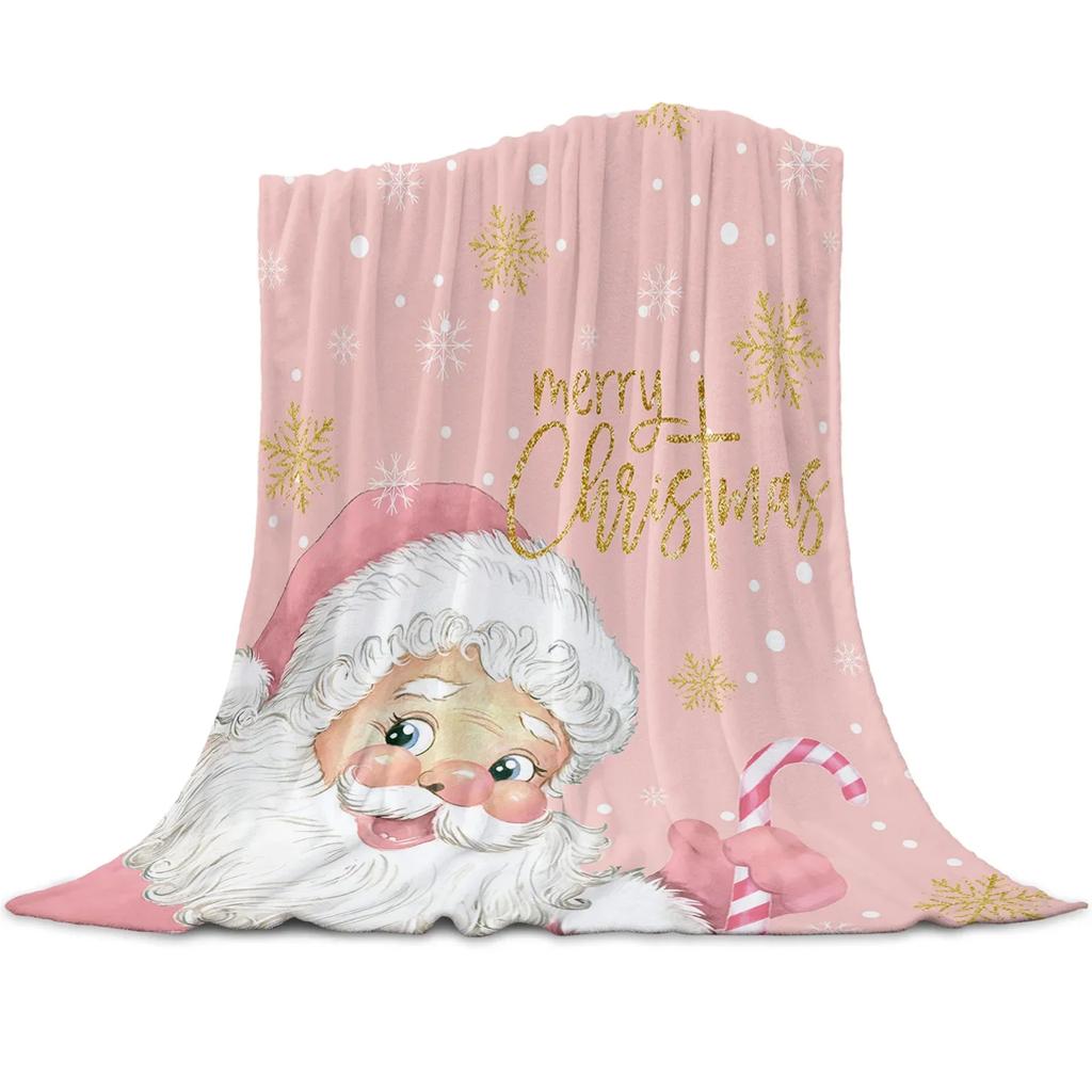 Christmas Pink Santa Claus Snowflakes Throw Blanket Christmas Blanket Soft Plush Warm Sofa Throw Blanket Holiday Gifts