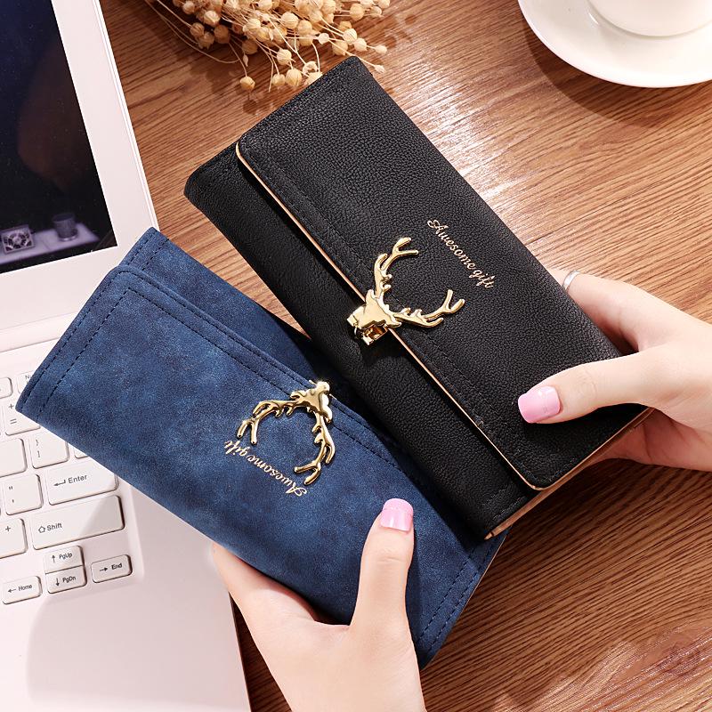 2026 New Fashion Deer Head Women's Long Wallet Trendy Cool PU Matte 3 Fold Billfold Multi Card Female Clutch Money Bag Change Pocket Girl Holiay Gifts