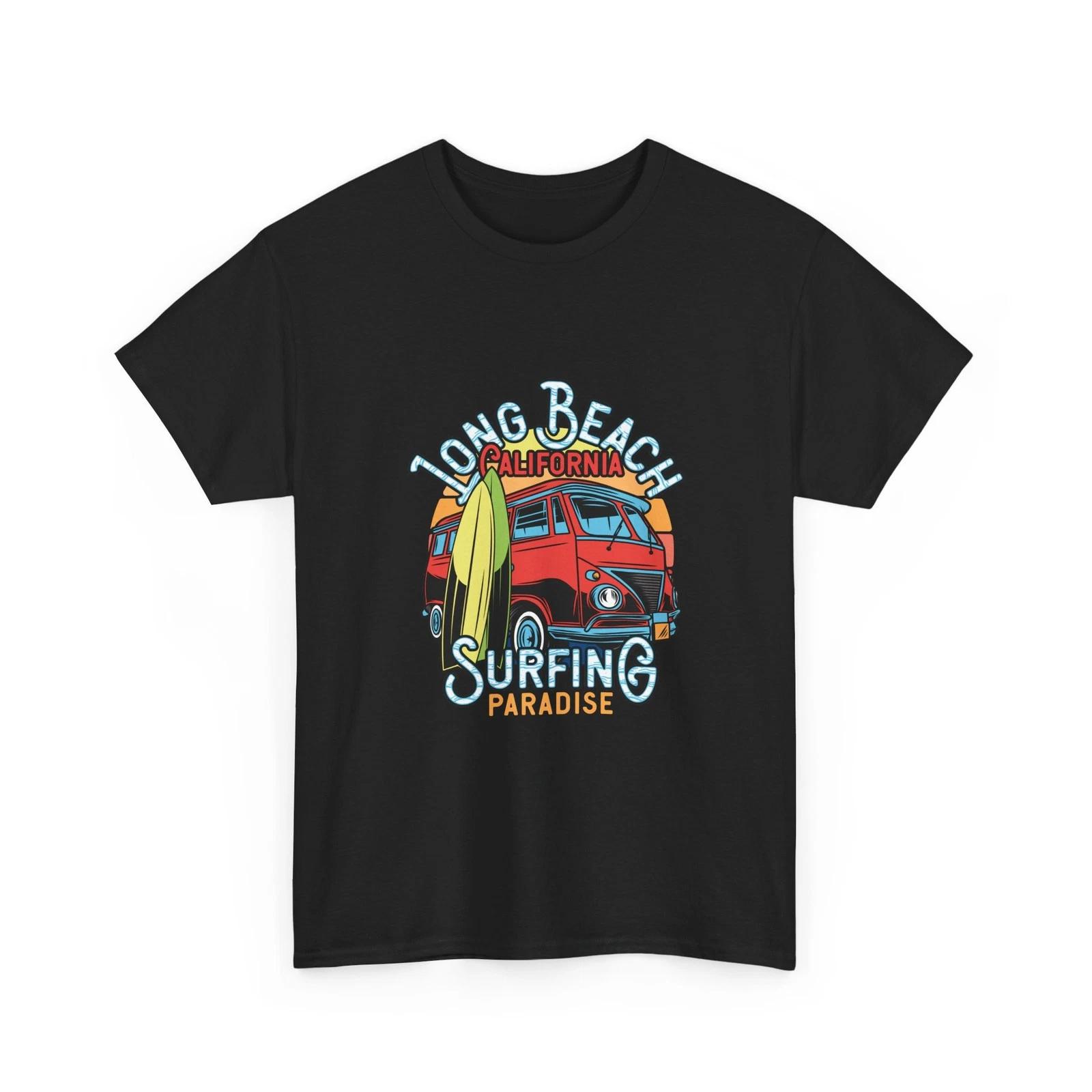 Long Beach California Surfing Van T-Shirt | Retro Surfboard Beach Graphic Tee 2XL