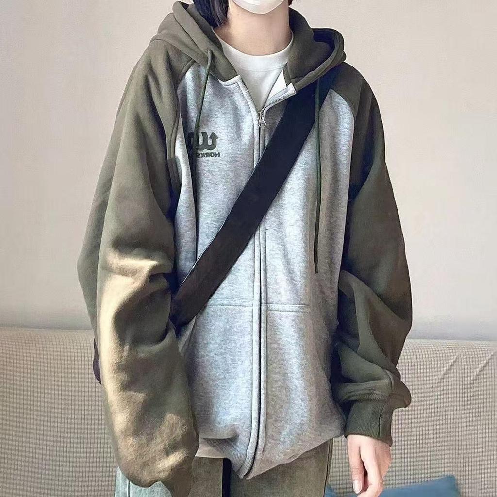 Women's Retro Color Block Patchwork Oversized Hoodie Jacket for Autumn