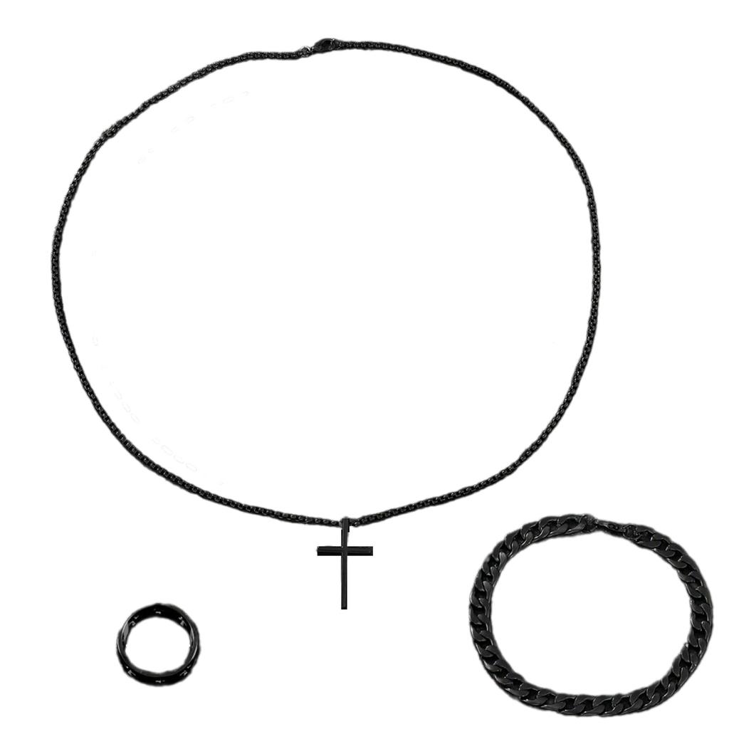 Men Fashion Jewelry Set Featuring Cross Pendant Necklace Bracelet and Rings Gothic Jewelry for Stylish Faith Expression