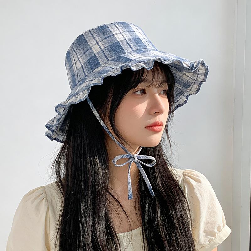 

Big eaves seaside fashion plaid sun hat travel pastoral lace sun hat M（56-58cm）