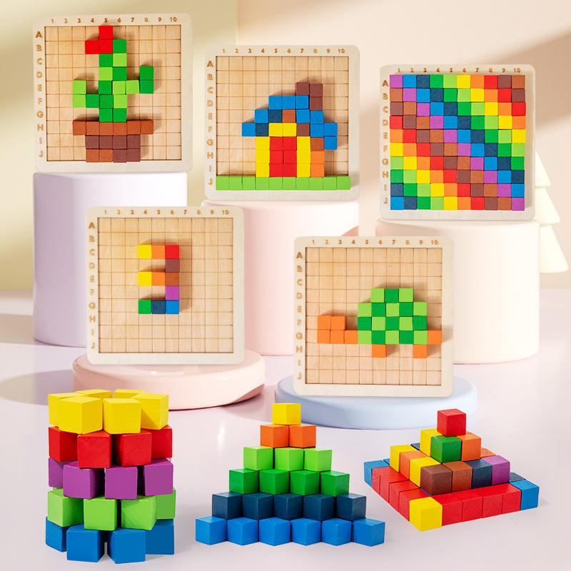 Wooden preschool color cube building block math teaching aids, three-dimensional geometric shape early education counting educational toys