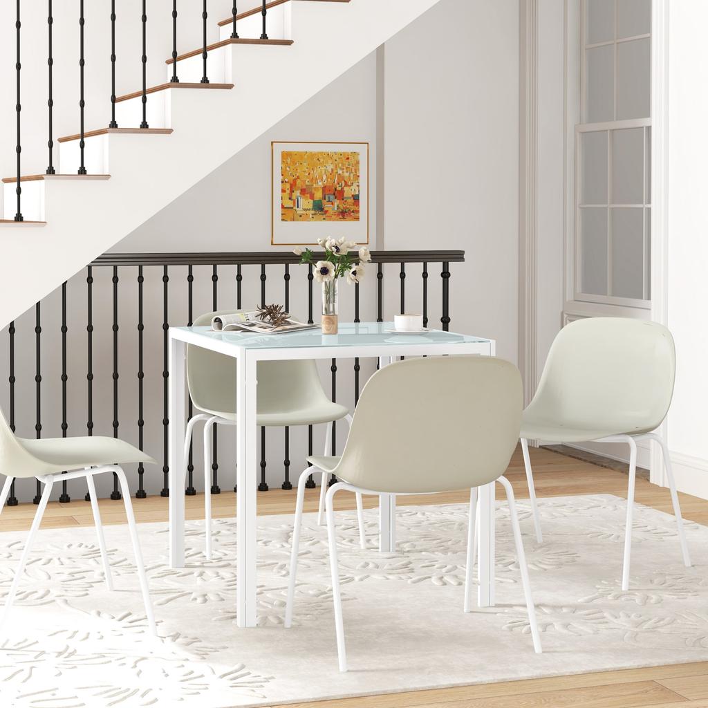 Square Dining Table for 4 People, Tempered Glass Tabletop, for Kitchen and Dining Room, 75 x 75 x 75 cm, White