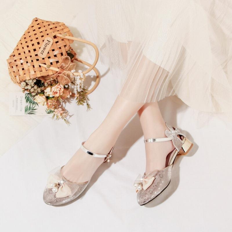 New girls sandals medium and older children's sandals bow high heel princess shoes summer rubber sole student children's sandals
