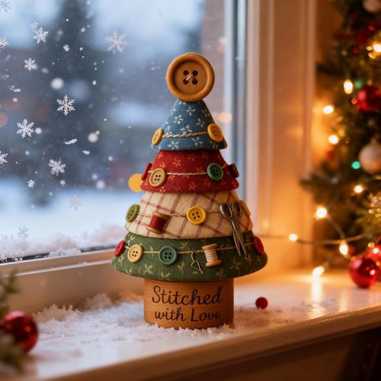 Fabric Christmas Tree Figurine Handmade Multi-Layer Xmas Tree Ornament with Buttons Scissors And Star Topper Holiday Patchwork Craft