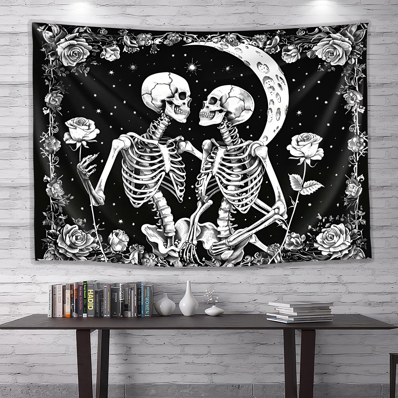 

VIKAMA Gothic Romantic Double Skull Tapestry with Rose Vines, Stars, and Moon Hidden Patterns - Unique Room Decor 40X60CM(1.3X2FT