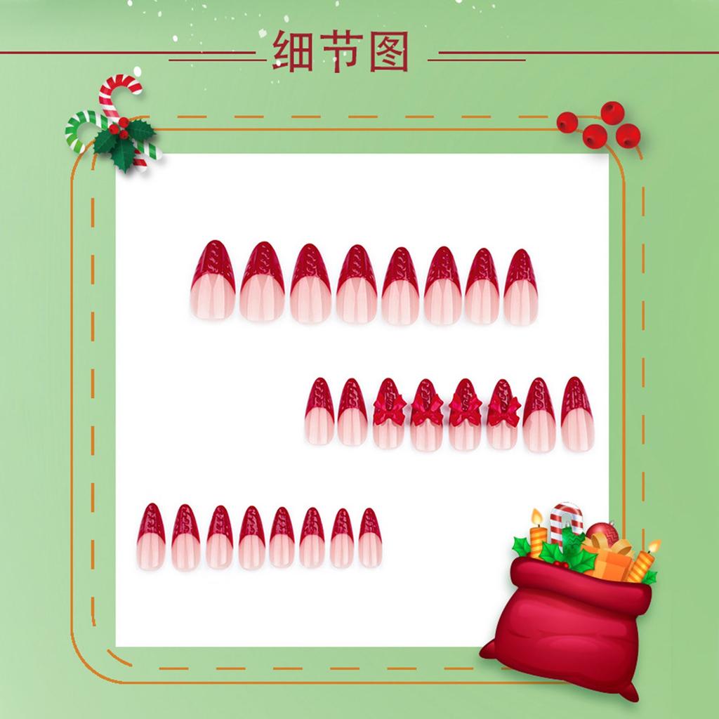 Women's Red Wearable Nails Christmas Manicure False Nails Bow Nail Tips(Glue 2ml)