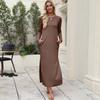 Neues Frühling/Sommer Langarm Unifarben Maxikleid mit Schlitz am Saum, Gerader Schnitt, mit zwei Taschen für Damen