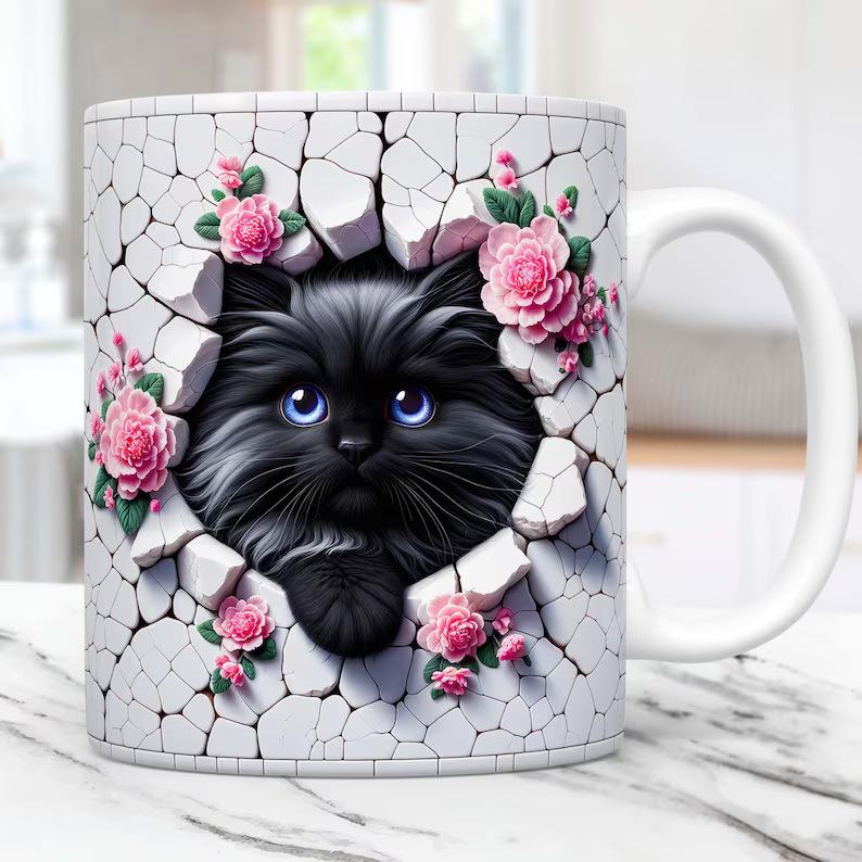 3D Kitten Cat Hole In Wall Ceramic Coffee Mug Tea Mug Gift Mug